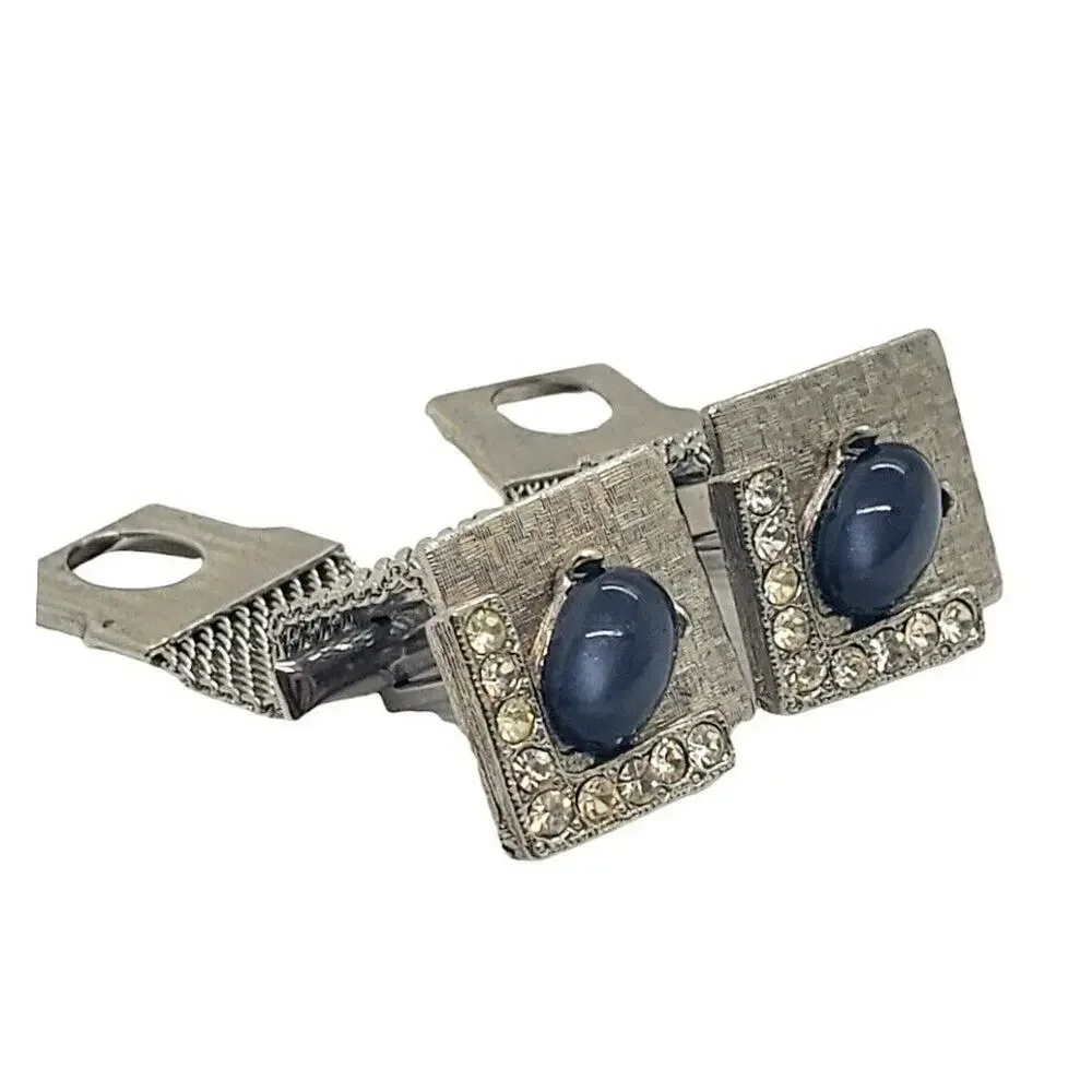 Vintage Cufflinks Silver Mesh Wrap Around Black Cats Eye & Rhinestones Cuff Link